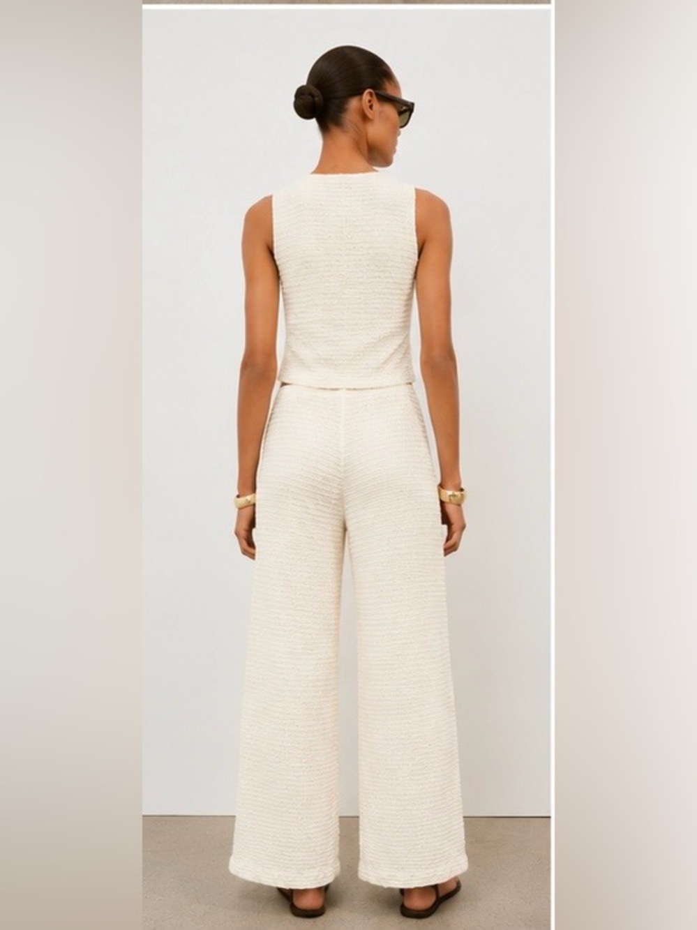 ZARA 2 Piece Set. Textured Cream Wide-Leg Pull-on Pants & Matching Vest - Picture 6 of 16